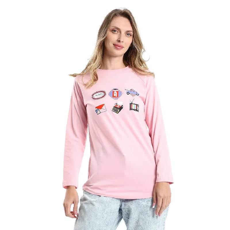 Retro Long Sleeve Round Neck T-shirt- Rose