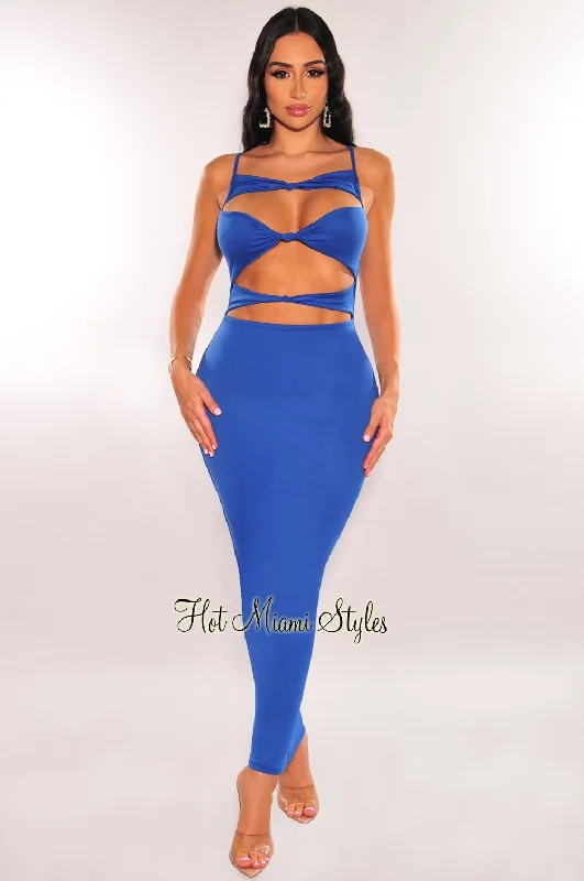 Royal Blue Cut Out Knotted Slim Fit Maxi Dress