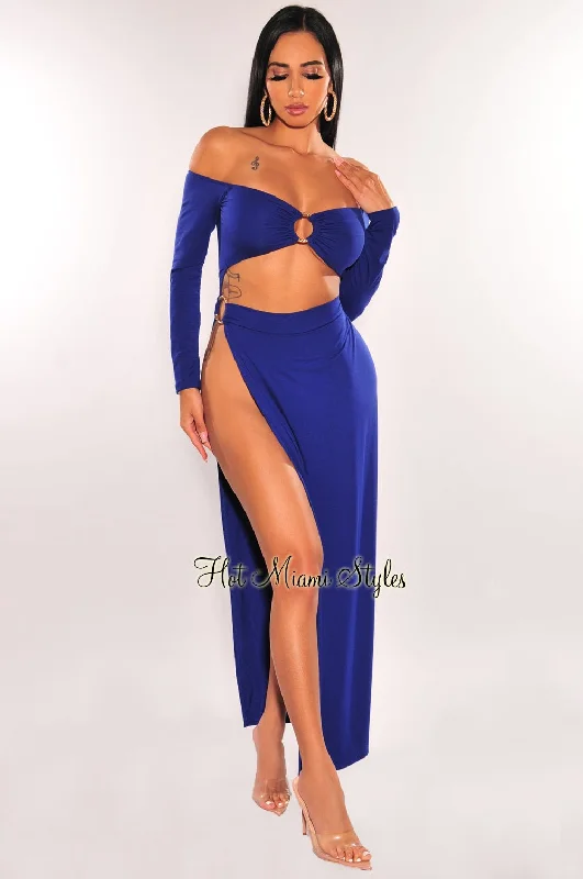 Royal Blue Off Shoulder O-Ring Cut Out Long Sleeves Slit Maxi Dress