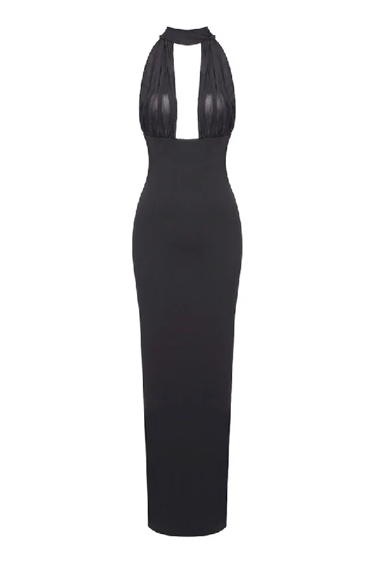 Sexy Sheer Mesh Plunge Halter Wrap Tie Draped Sheath Evening Maxi Dress