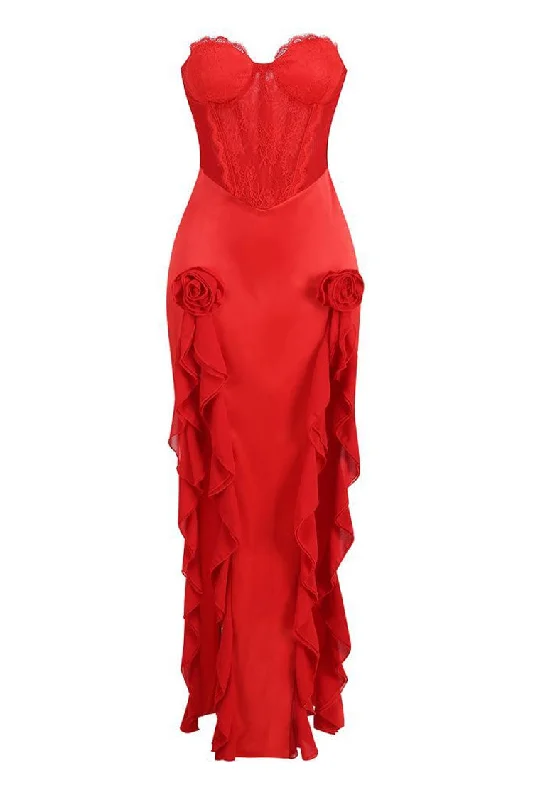 Silky Satin Strapless Lace Corset Rosette Ruffled Split Evening Maxi Dress