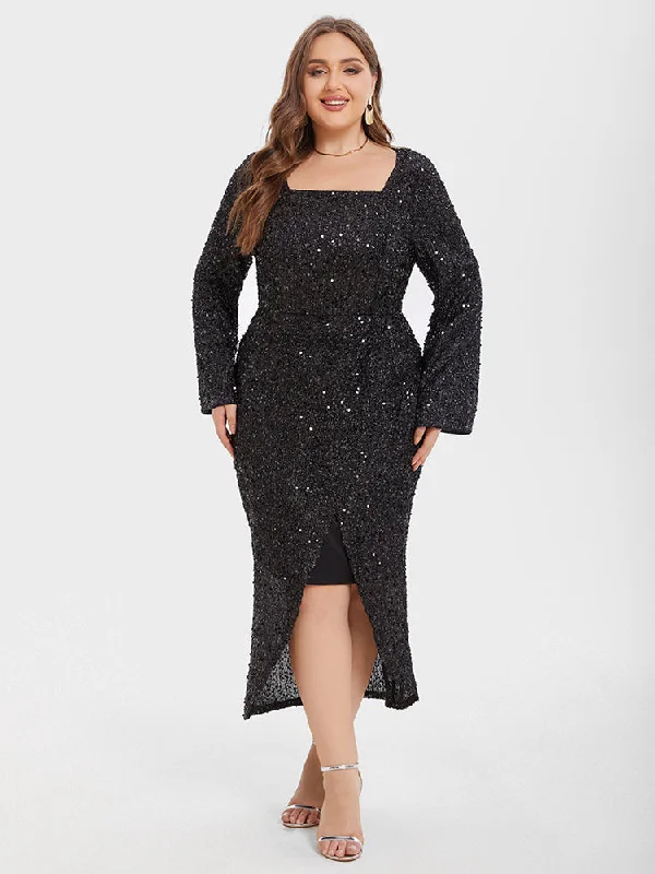 Square Neck Split Thigh Glitter Maxi Dress