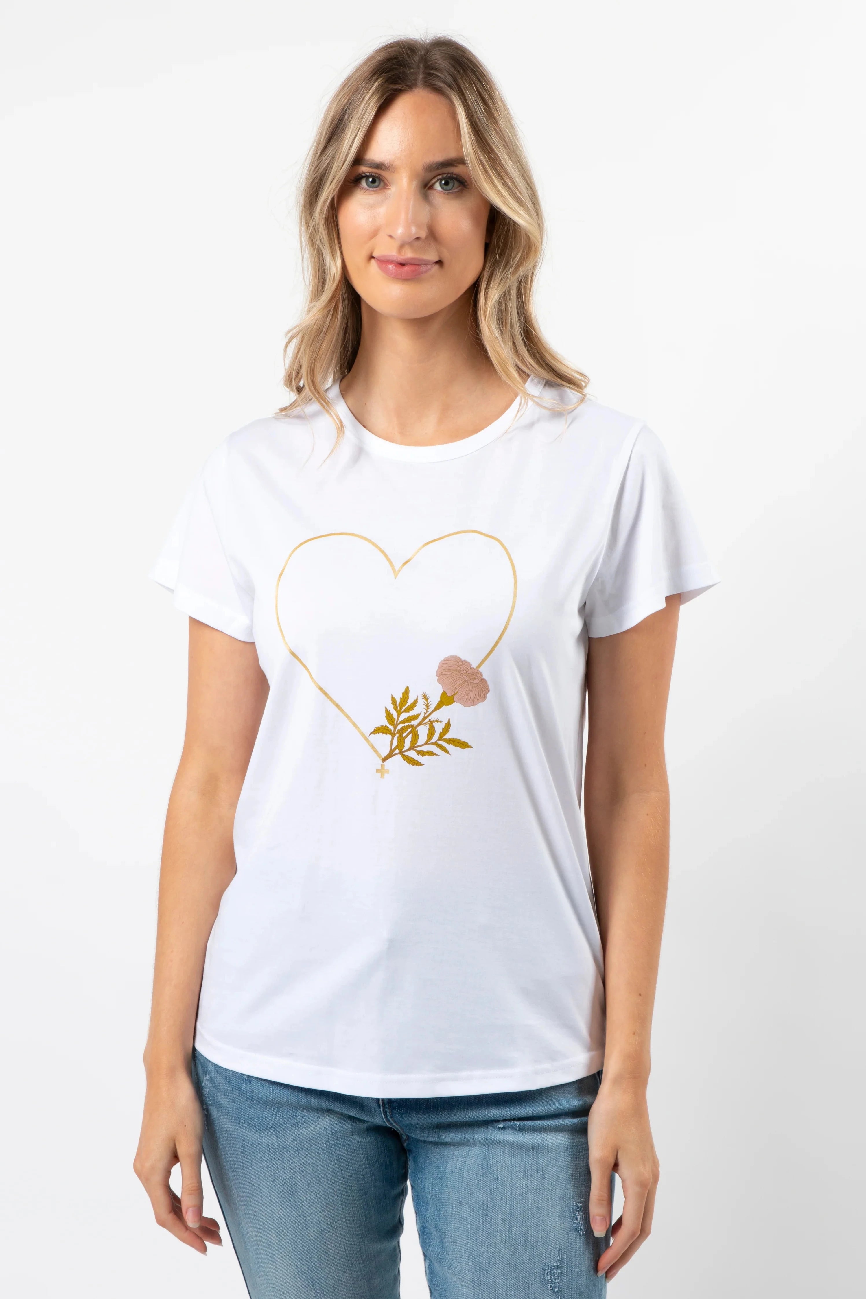 STELLA + GEMMA T-SHIRT - WHITE FIORE WITH GOLD HEART