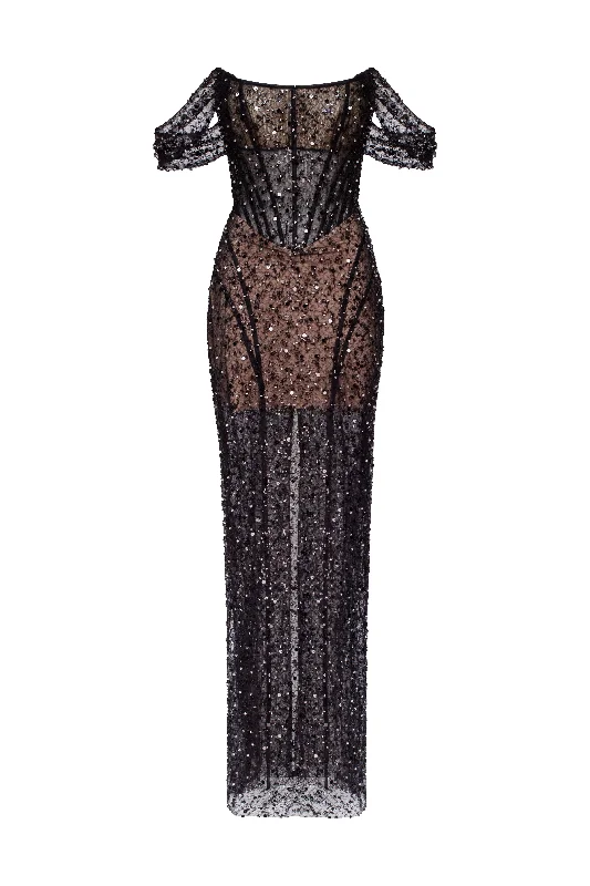 Striking black sequined fitted maxi dress 