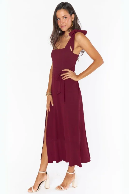 Tie strap maxi dress with slit- Burgundy