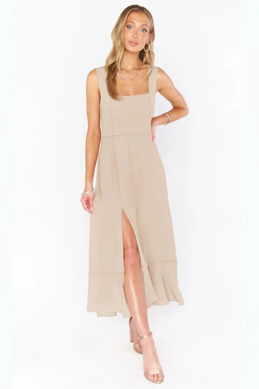 Tie strap maxi dress with slit- Beige