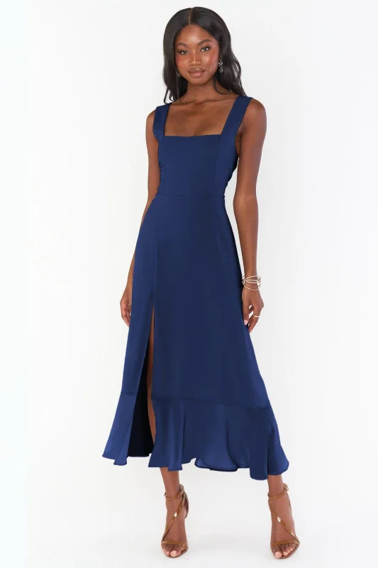 Tie strap maxi dress with slit- Royal blue