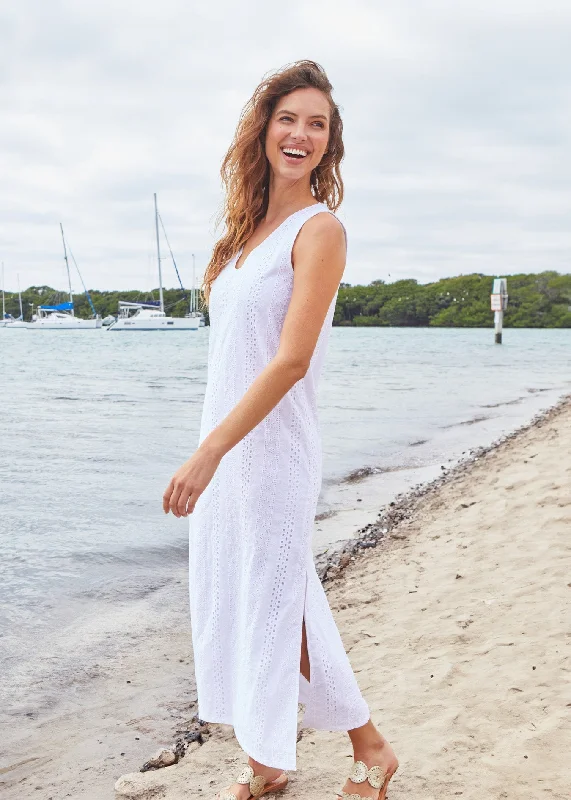 White Eyelet Side Slit Maxi Dress