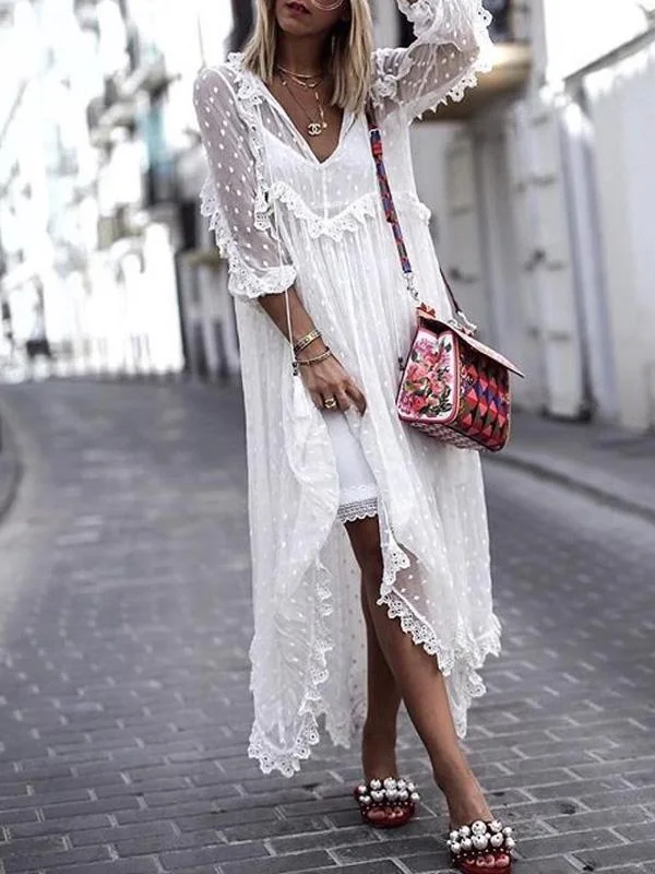 White Pretty V-neck Long Sleeves Maxi Dresses