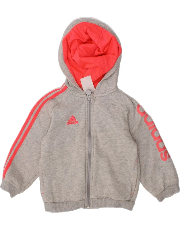 ADIDAS Baby Girls Graphic Zip Hoodie Sweater 12-18 Months Grey Cotton