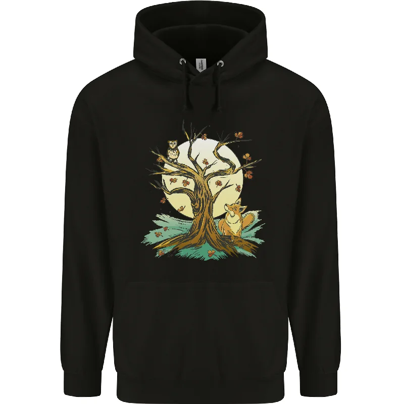 An Owl and Fox Tree Nature Ecology Mens 80% Cotton Hoodie