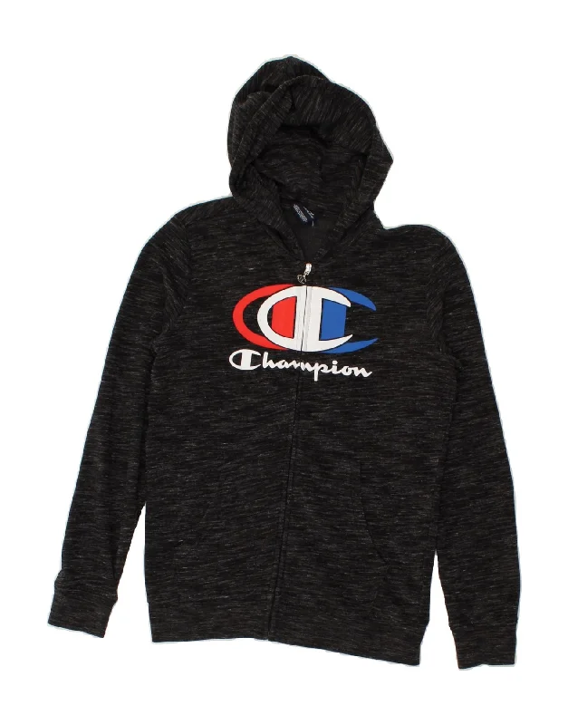 CHAMPION Boys Graphic Zip Hoodie Sweater 13-14 Years XL Black Flecked