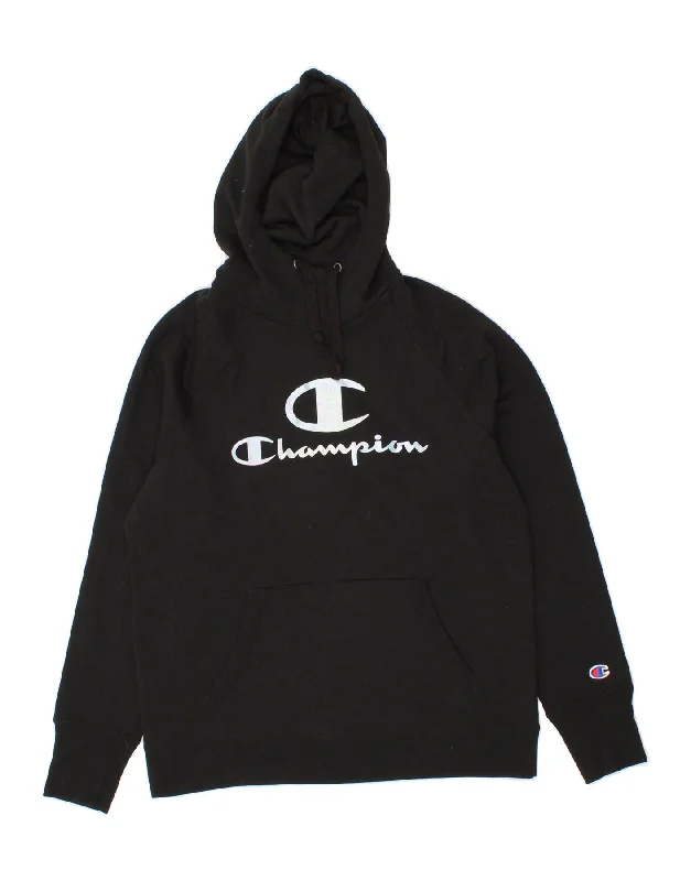 CHAMPION Womens Graphic Hoodie Jumper UK 14 Medium Black Cotton