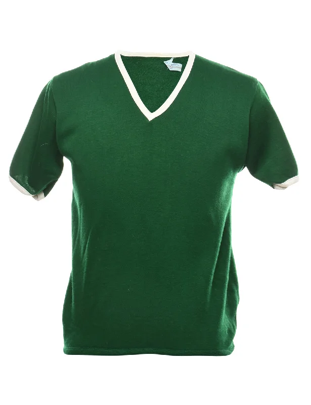 Dark Green & Off-White V-Neck Plain Sweatshirt - M