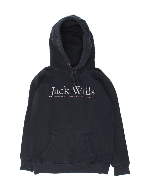 JACK WILLS Womens Graphic Hoodie Jumper UK 8 Small Navy Blue Cotton