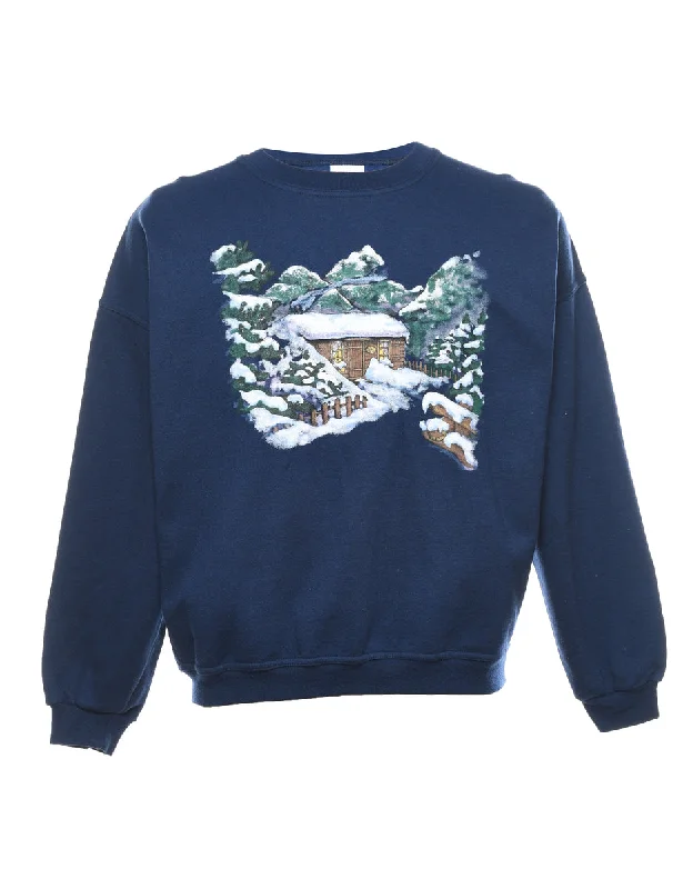 Navy Printed Christmas Sweatshirt - M