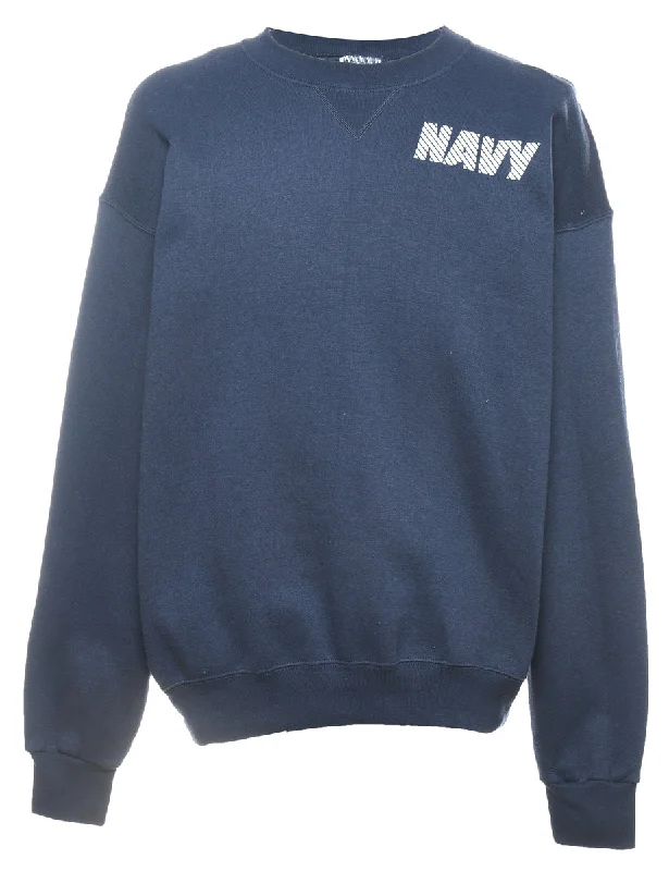 Navy & White Printed Round Neck Sweatshirt - L