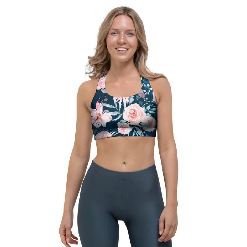 Watercolor Pink Rose Floral Sports Bra