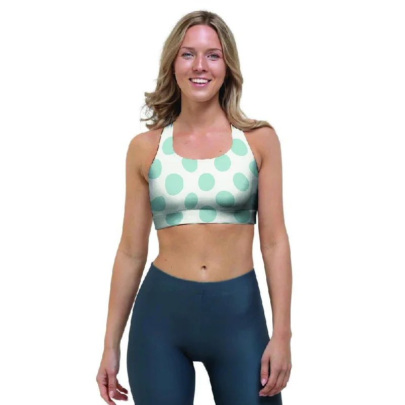 White and Teal Polka Dot Sports Bra