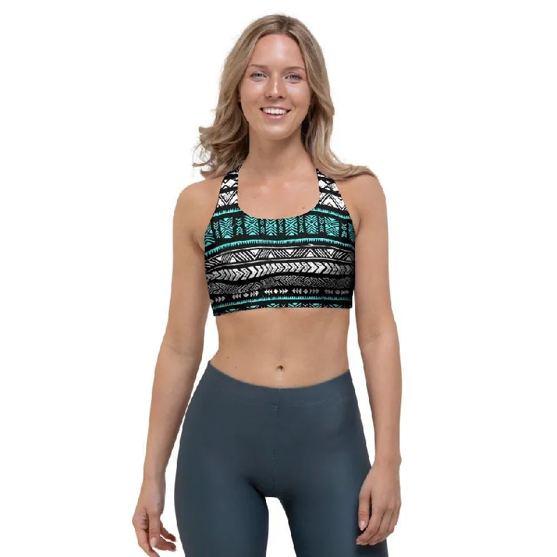 White and Turquoise Tribal Navajo Hand Drawn Sports Bra