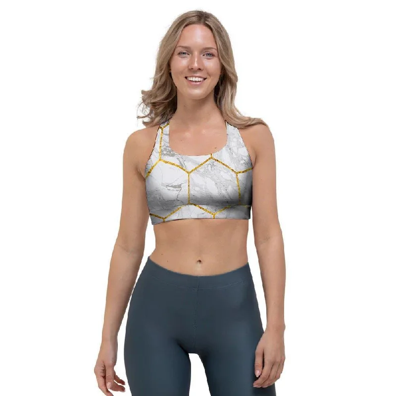 White Gold Tile Marble Sports Bra