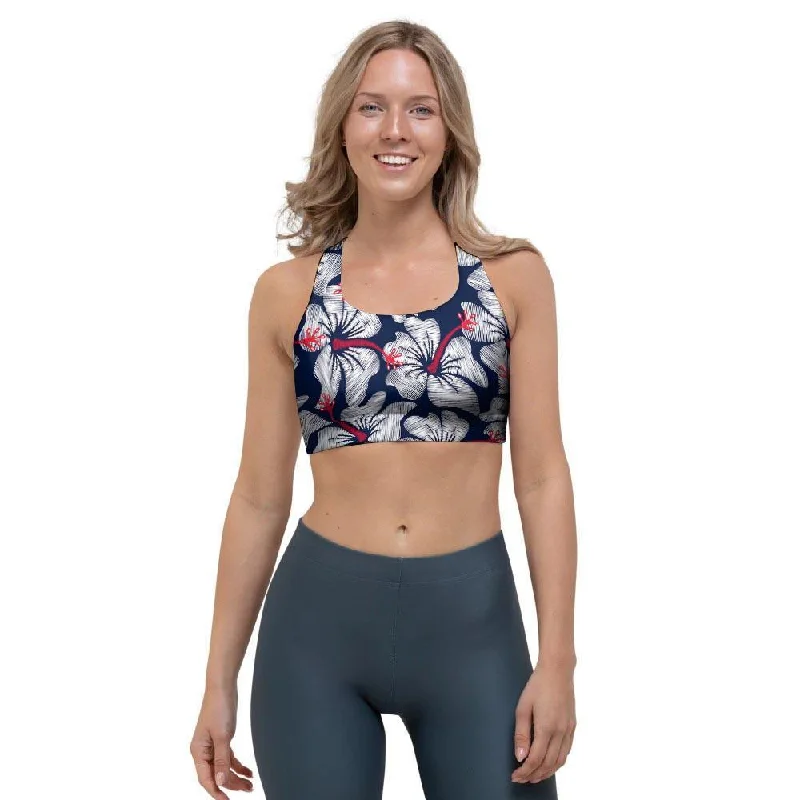 White Hibiscus Tropical Floral Hawaiian Print Sports Bra