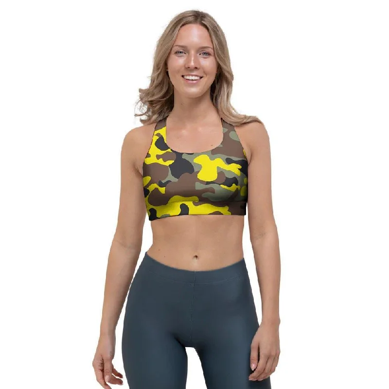 Woodland And Yellow Camo Print Sports Bra