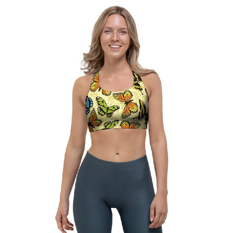 Yellow Butterfly Pattern Print Sports Bra