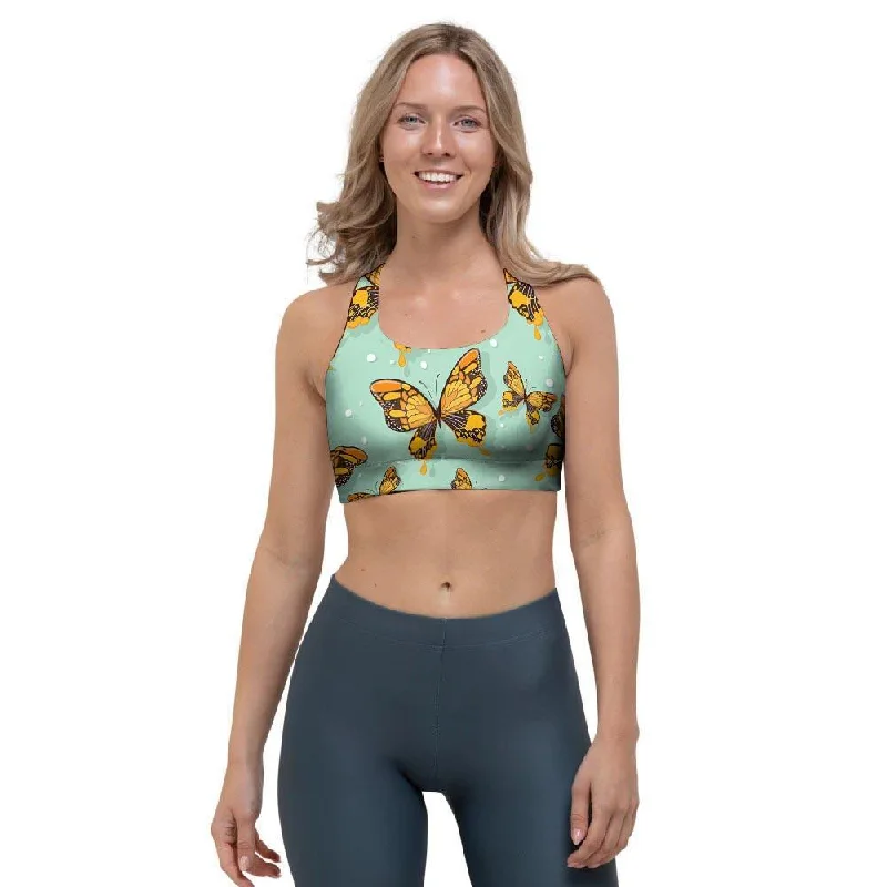 Yellow Butterfly Print Sports Bra