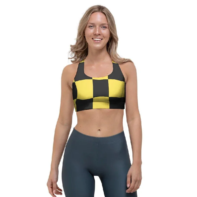 Yellow Checkered Print Sports Bra