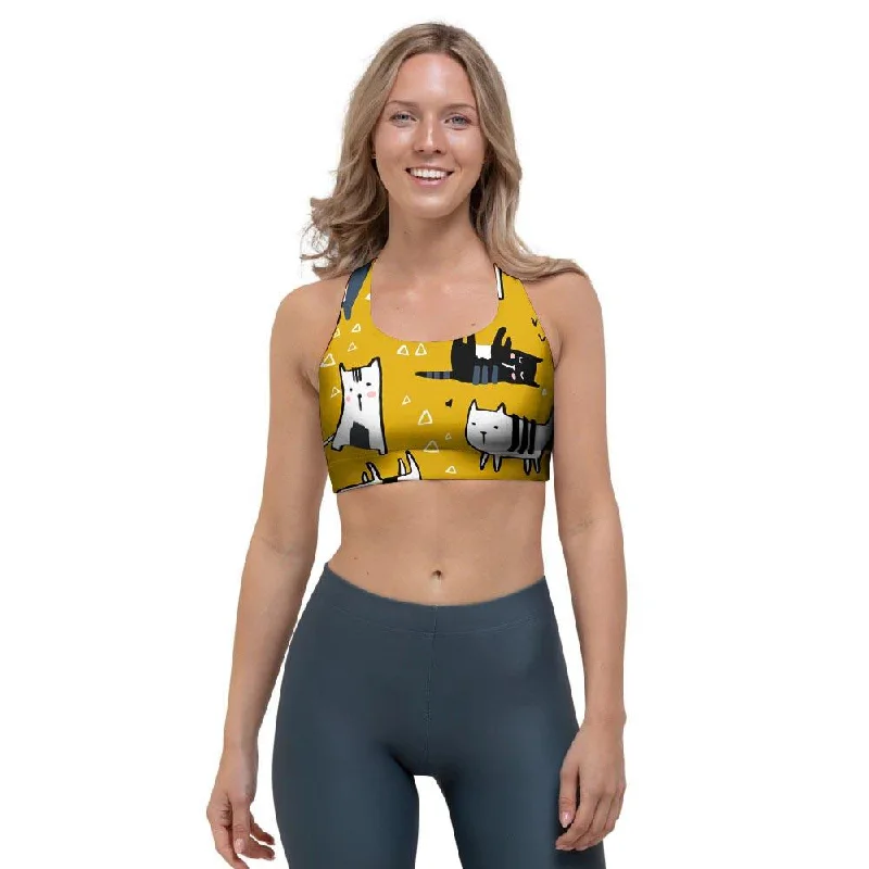 Yellow Doodle Cat Print Sports Bra