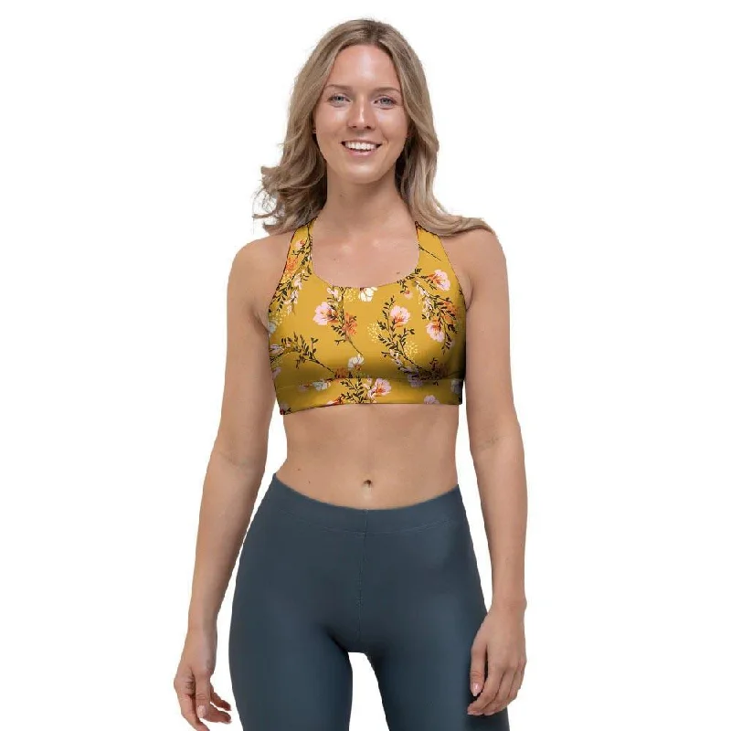 Yellow Floral Retro Print Sports Bra