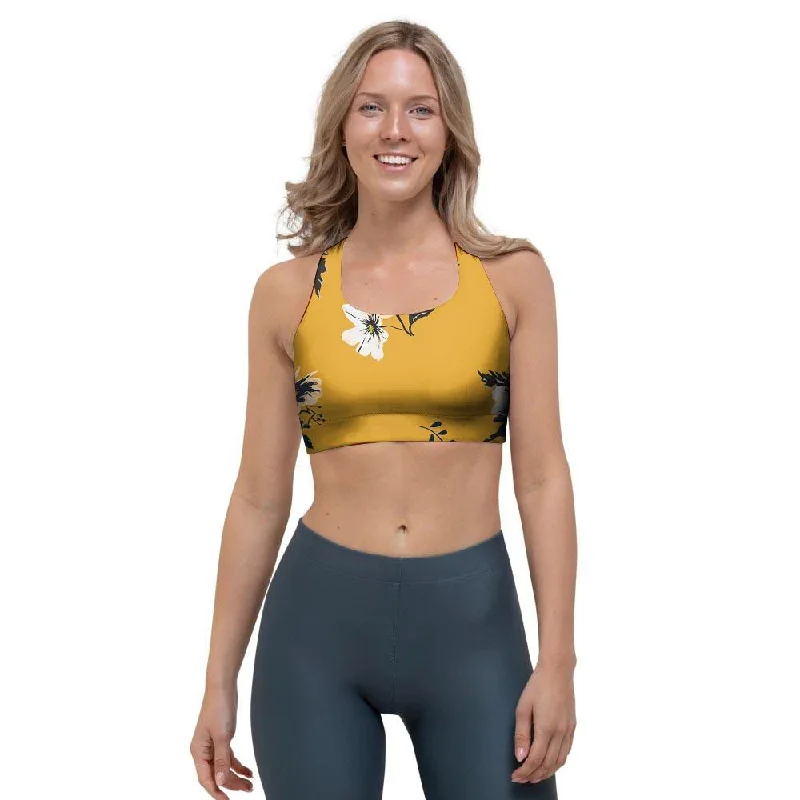 Yellow Flower Print Sports Bra