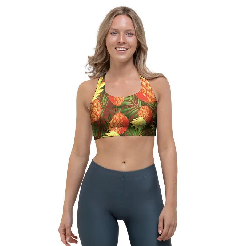 Yellow Neon Pineapple Hawaiian Print Sports Bra