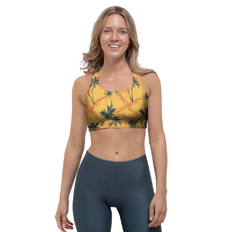 Yellow Palm Tree Hawaiian Print Sports Bra