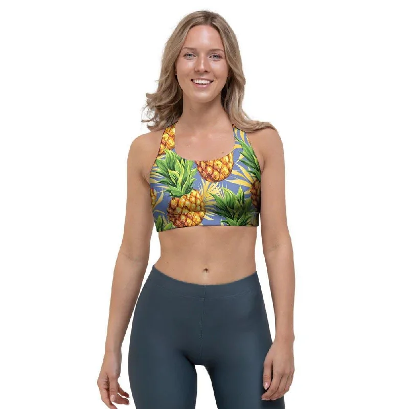 Yellow Pineapple Hawaiian Print Sports Bra