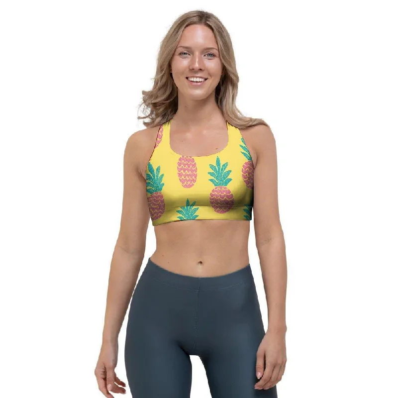 Yellow Pineapple Print Sports Bra