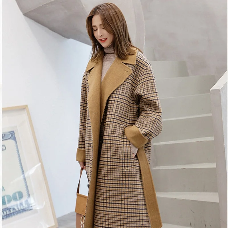 2019 Autumn Winter Women Plaid Coat Fashion Long Woolen Coat Loose Wool Blends Women Jackets Outwear Elegant Long Overcoat