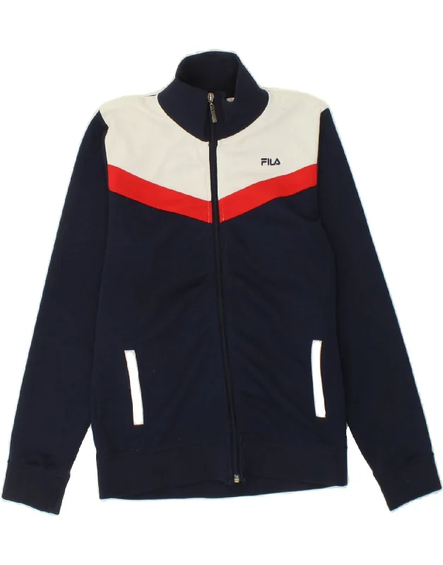 FILA Womens Graphic Tracksuit Top Jacket UK 12 Medium Navy Blue