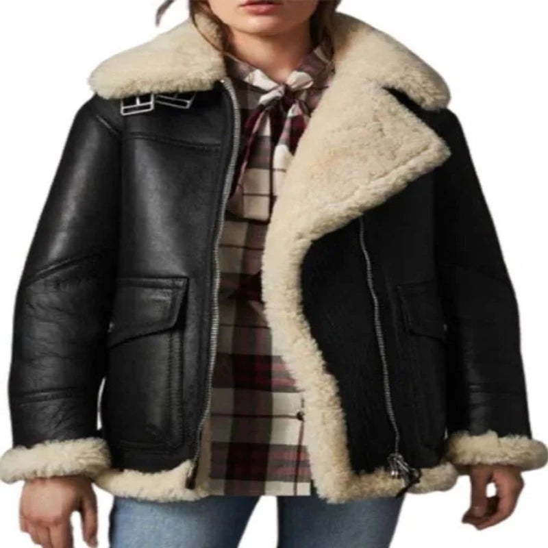 Womens Aviator Ivory Black Shearling Jacket