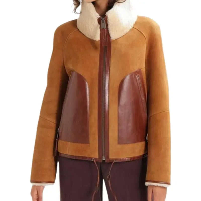 Womens Shearling Collar Leather Jacket