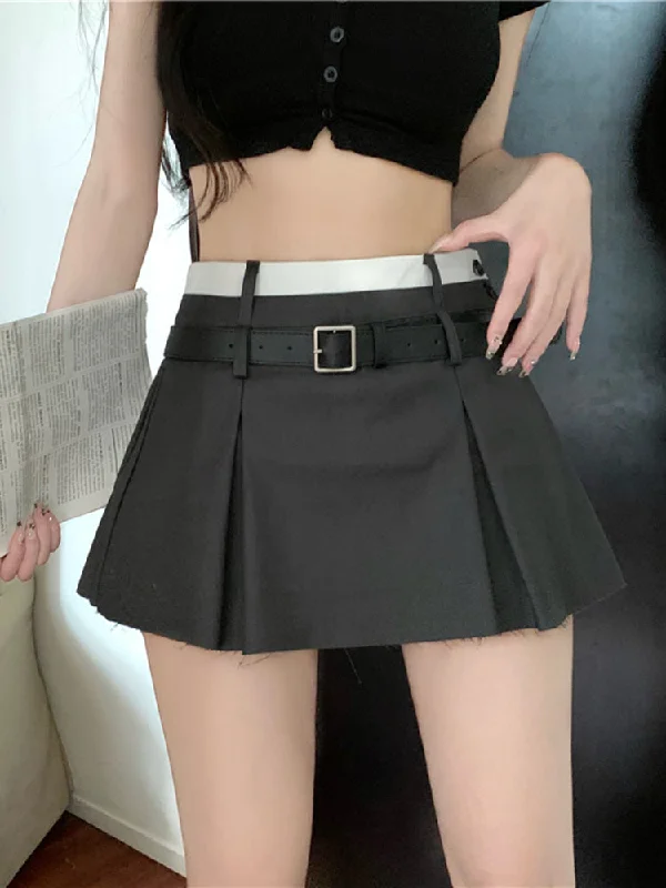 Joanna Contrast Color High Waist Culottes Pleated Preppy Belt A-Line Mini Skirt