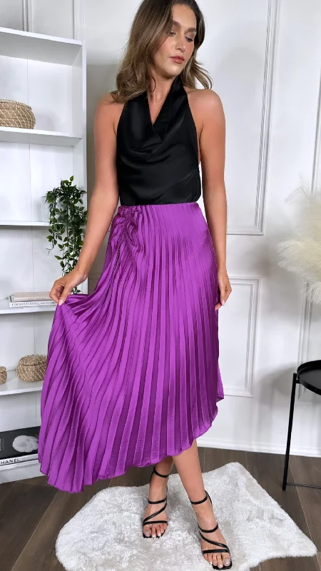 Maelle Purple Pleated Ruched Detail Midi Skirt