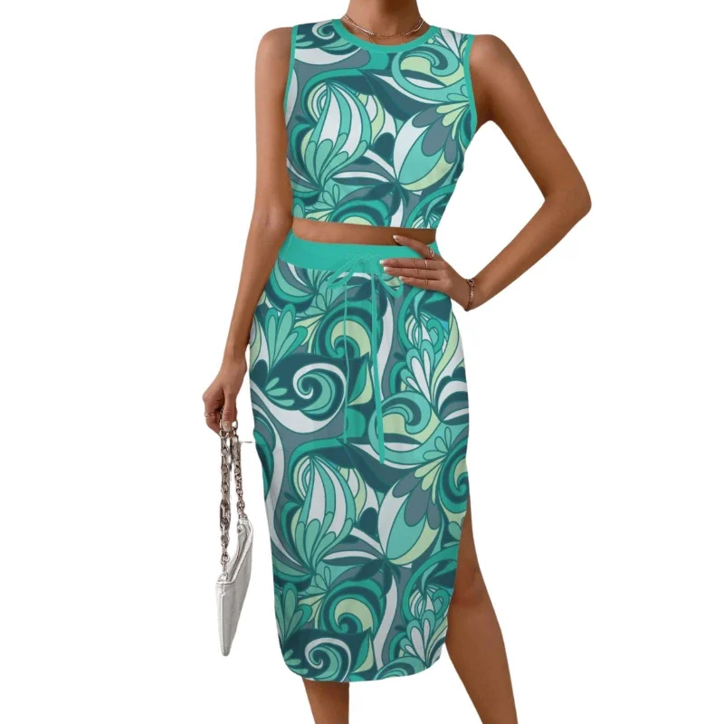 Mima Sleeveless Crop Top & Drawstring Pocket Slit Skirt Set