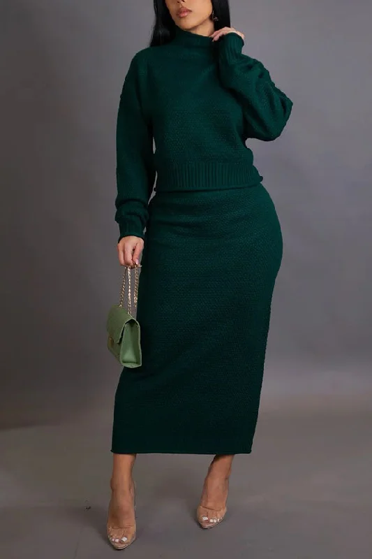 Elegant High Neck Sweater & Skirt Set