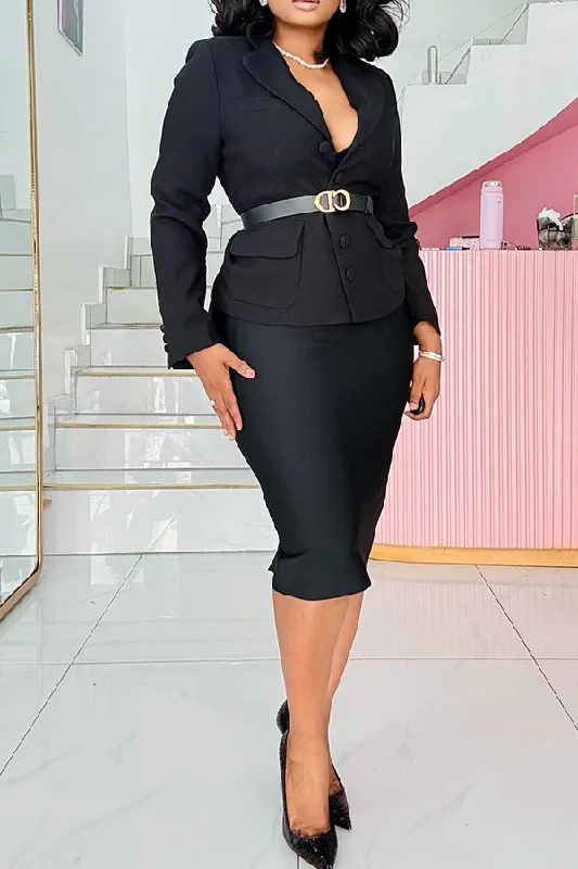 Office Style Belted Waist Suit & Pencil Skirt Set